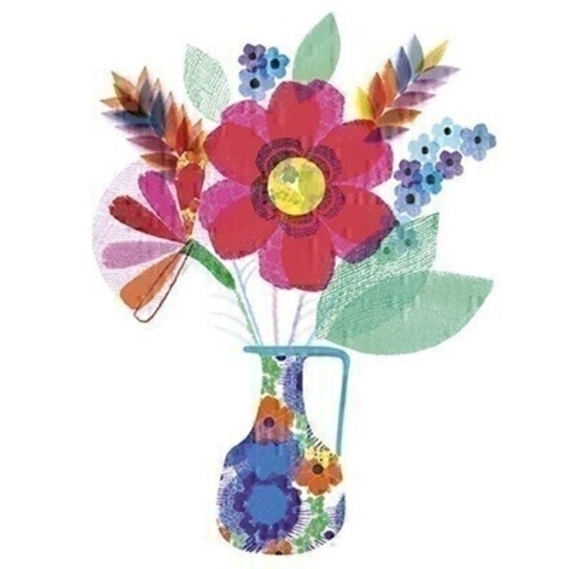 Bright flowers and vase blank greetings card with envelope. This bright card with vase of flowers is blank inside for you to write your own message.  Perfect for birthdays get well or just because.